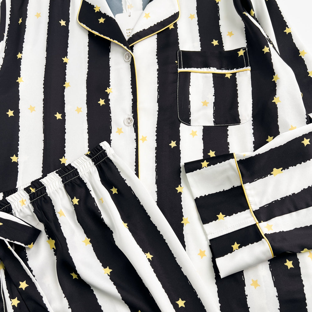 Black Stripe Golde Stars Print Silky Satin Pajamas Set