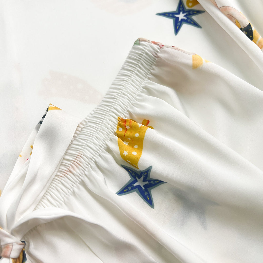 Blue Stripe Cartoon Print Silky Satin Pajamas Set