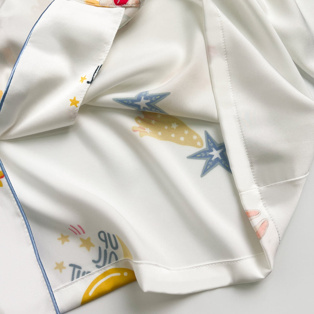 Blue Stripe Cartoon Print Silky Satin Pajamas Set