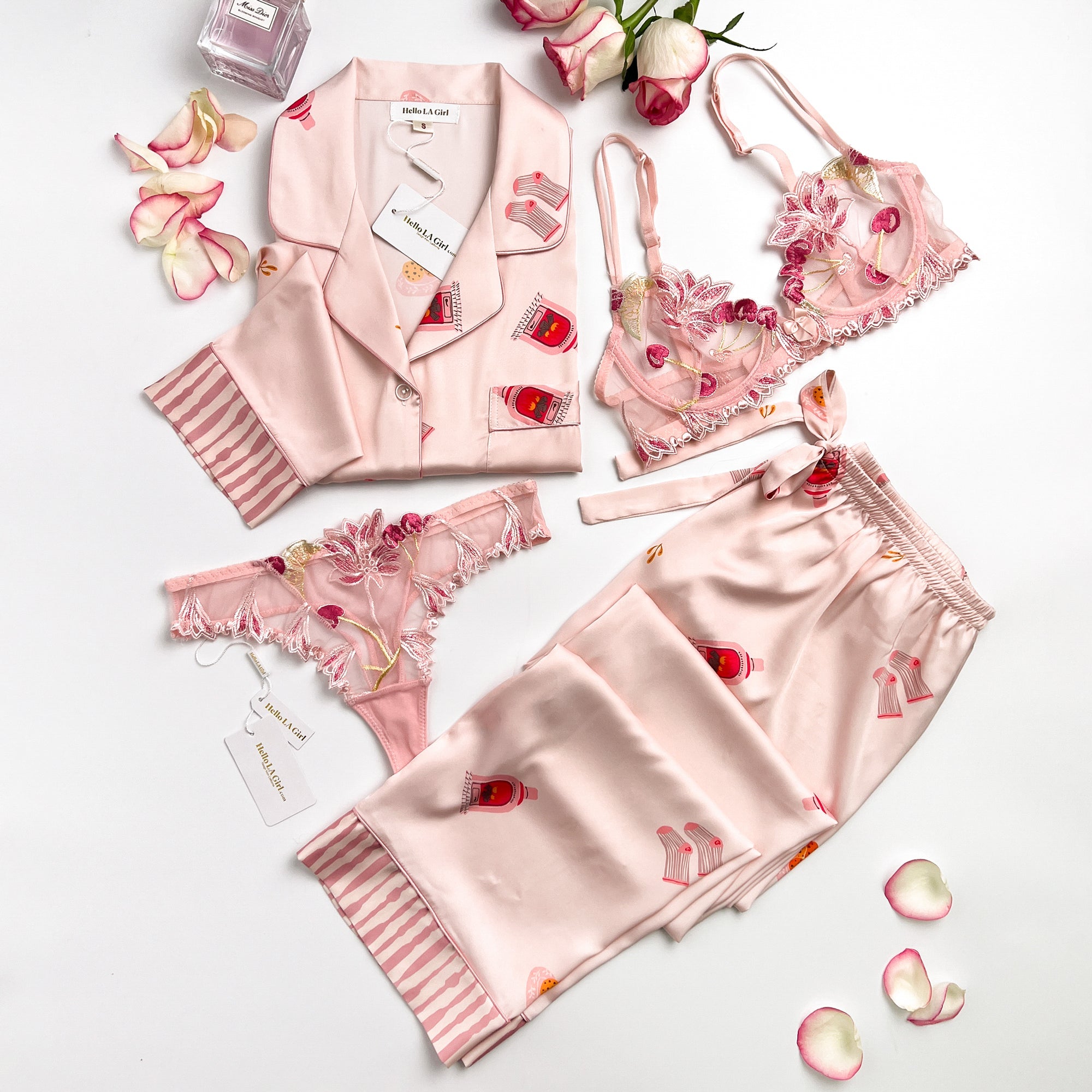 Cute Pink Stripe Pattern Silky Satin Pajamas Set