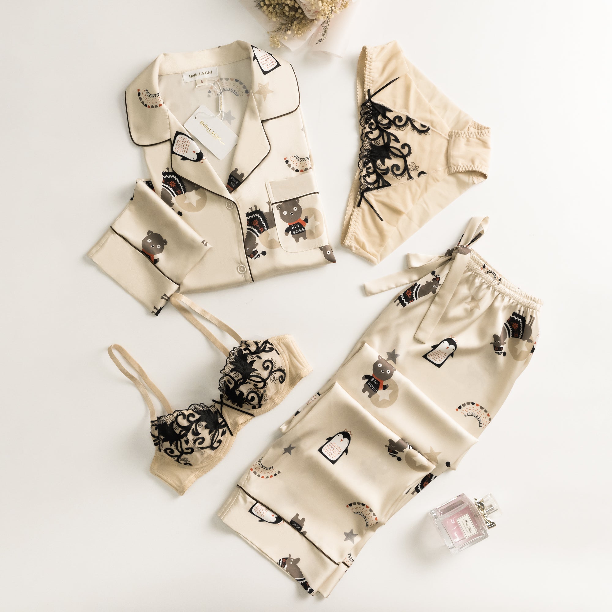 Cute Animal Print White Silky Satin Pajamas Set