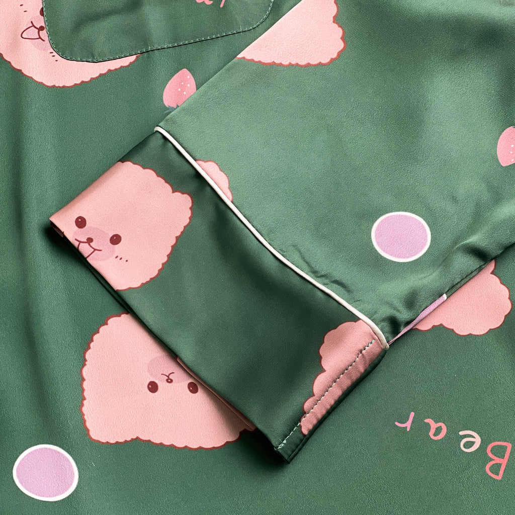 Green Bear Print Silky Satin Pajamas Set