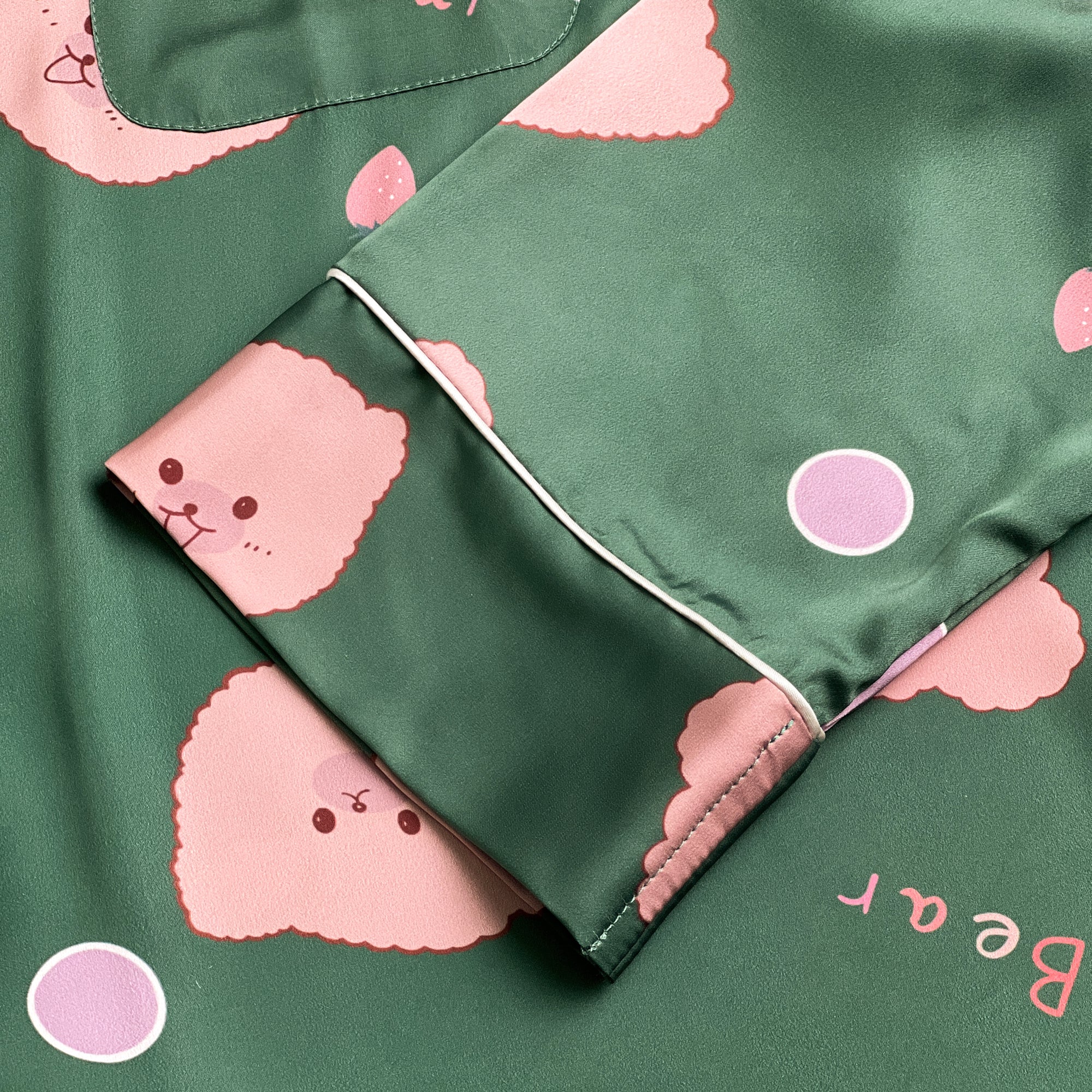 Green Bear Print Silky Satin Pajamas Set