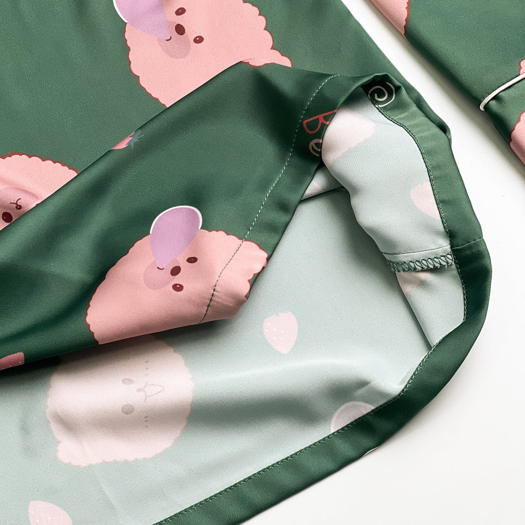 Green Bear Print Silky Satin Pajamas Set