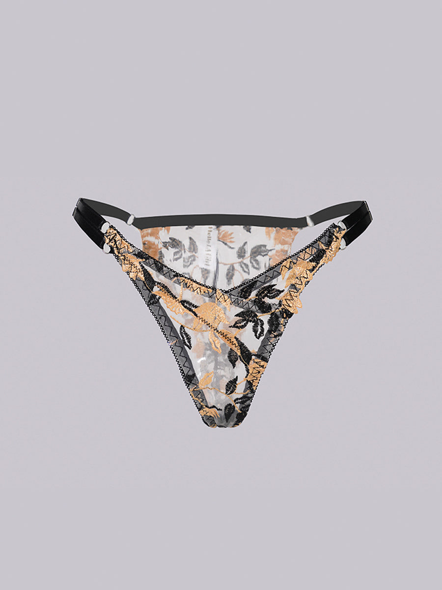 Black & Yellow Embroidered  Thong