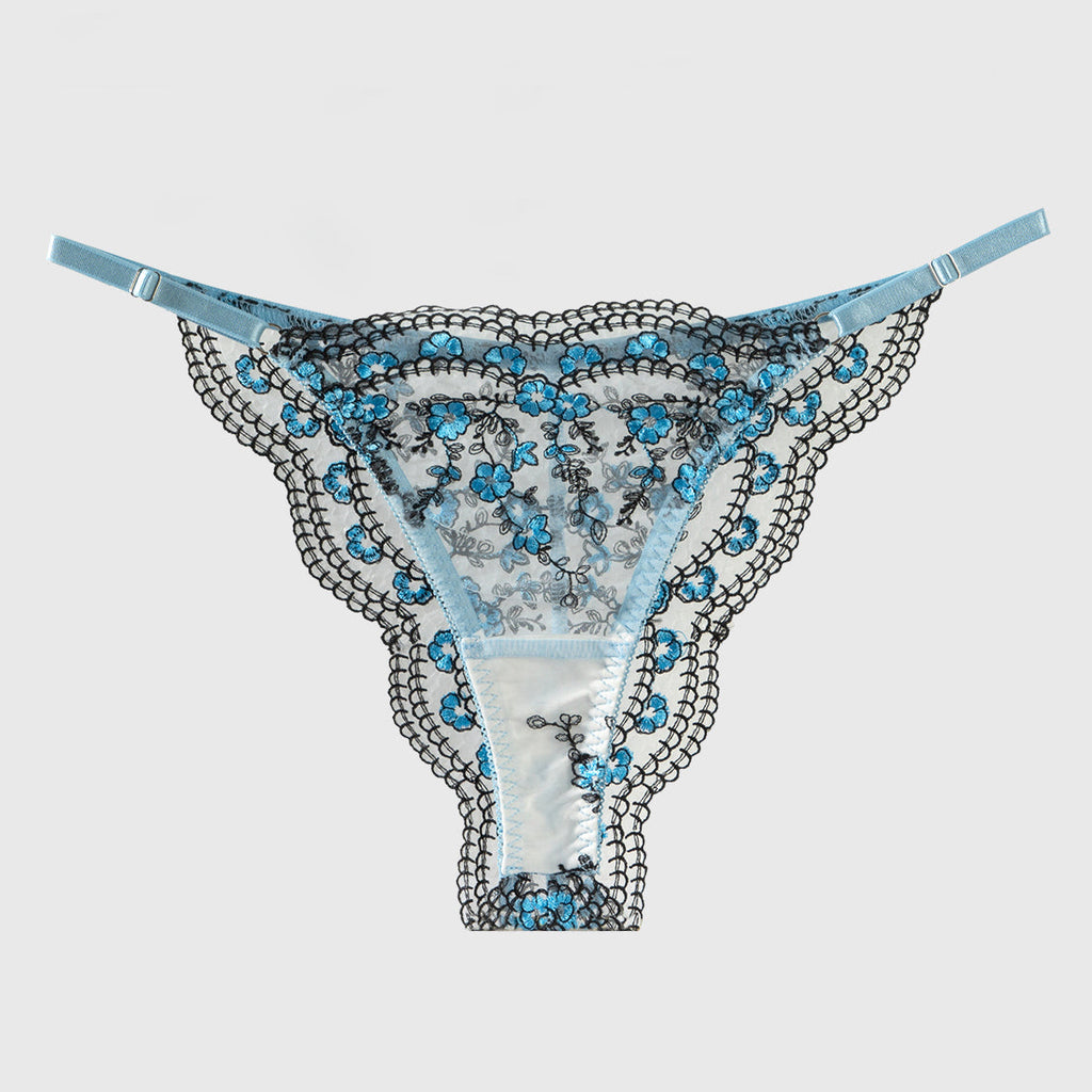 Purple /Blue Flowers Embroidery Black Trimmed Thong