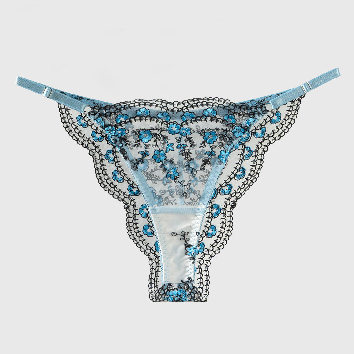 Purple /Blue Flowers Embroidery Black Trimmed Thong
