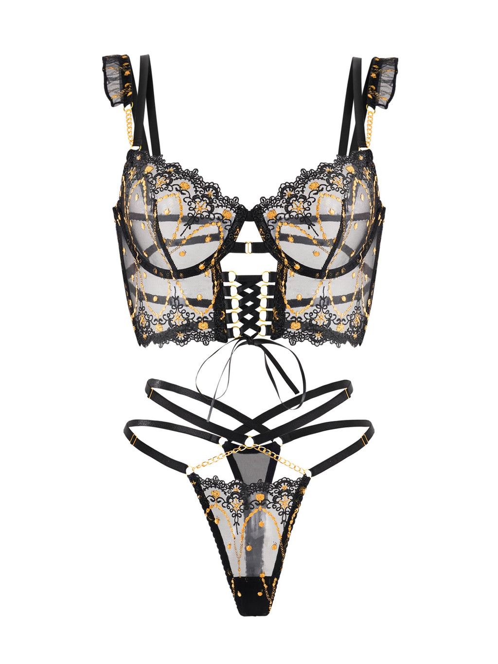 Black Gold Star Embroidered Lace Lingerie Set