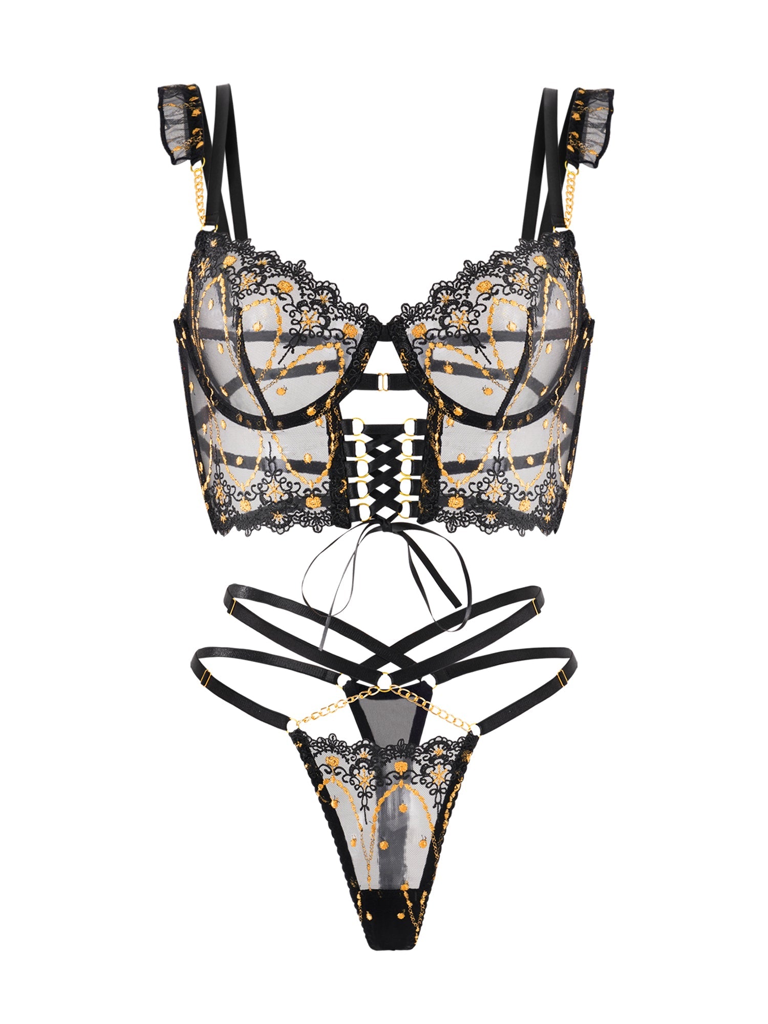 Black Gold Star Embroidered Lace Lingerie Set