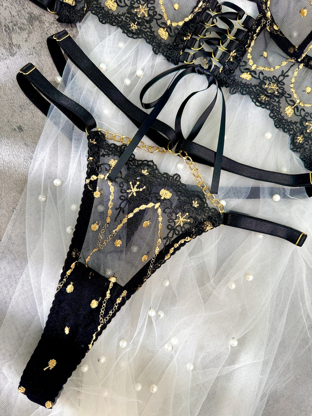 Black Gold Star Embroidered Lace Lingerie Set