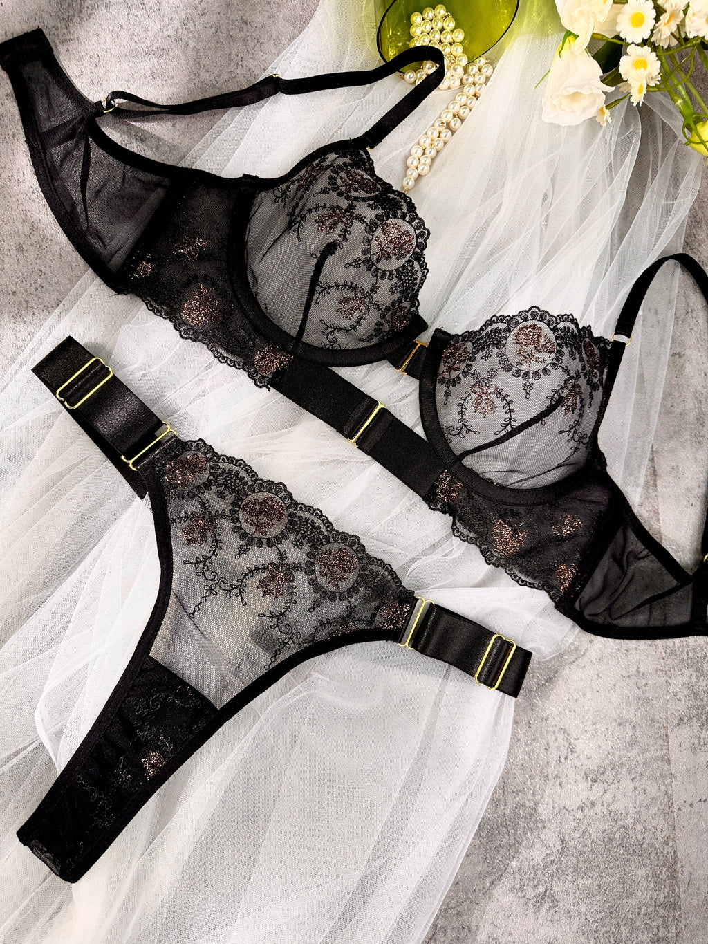 Golden Noir Bloom Lingerie Set