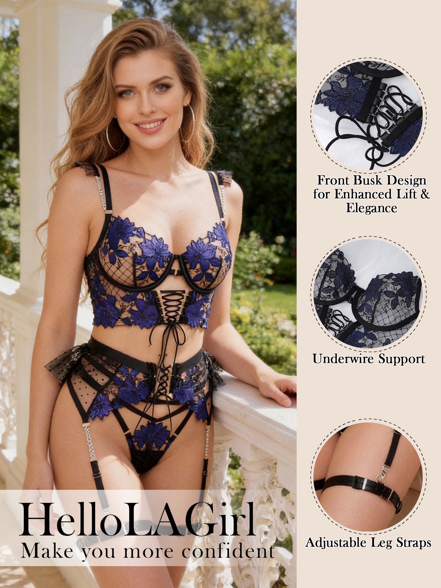 Black&Blue Lace Tie Adjustable Sculpting Body Lingerie Set